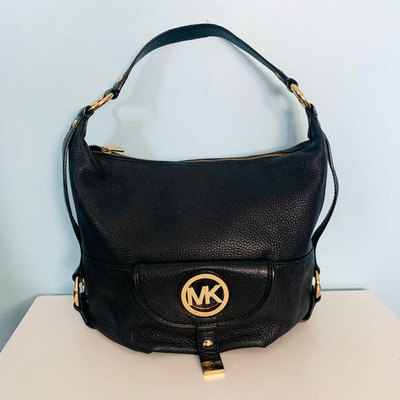 Michael Kors Black Pebble Leather Fulton Hobo Bag - Picture 1 of 9